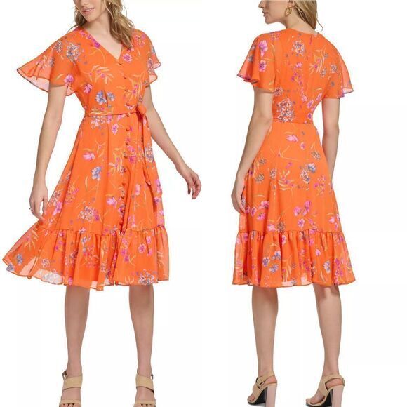 NEW CALVIN KLEIN Women's V-Neck Short-Sleeve Chiffon‎ A-Line Dress - Picture 1 of 16